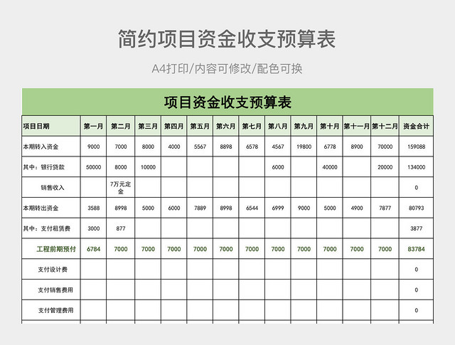 简约项目资金收支预算表