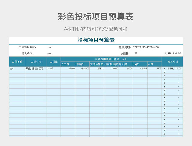 彩色投标项目预算表