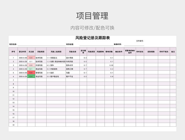 粉色简约风险登记册及跟踪表