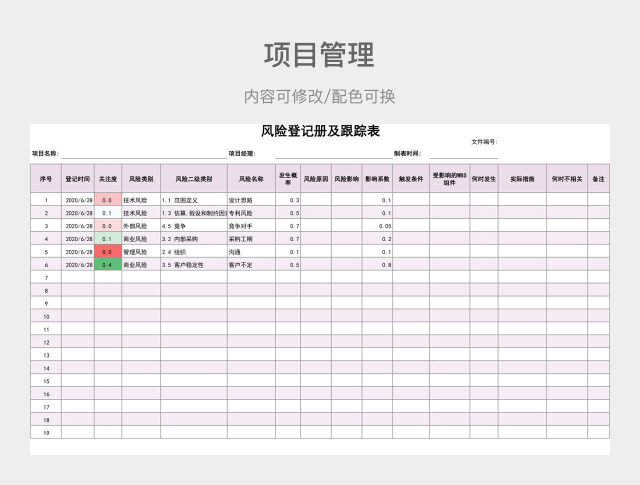 粉色简约风险登记册及跟踪表