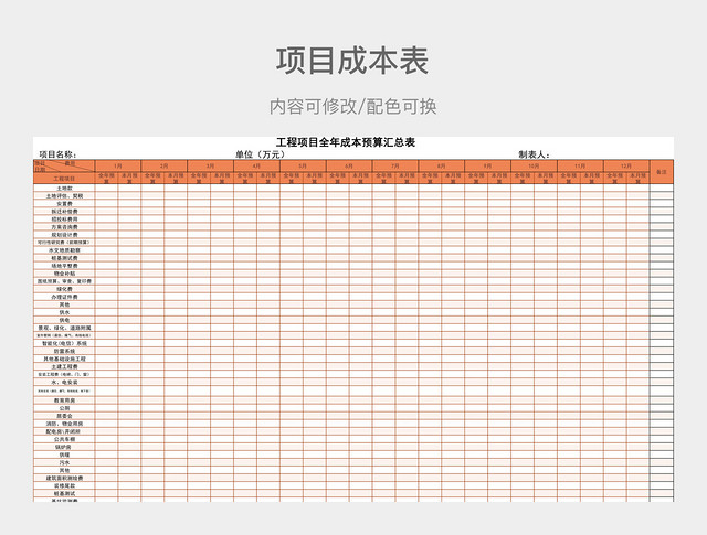 橙色清新工程项目全年成本预算汇总表