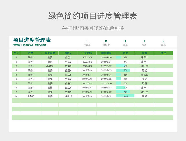 绿色简约项目进度管理表