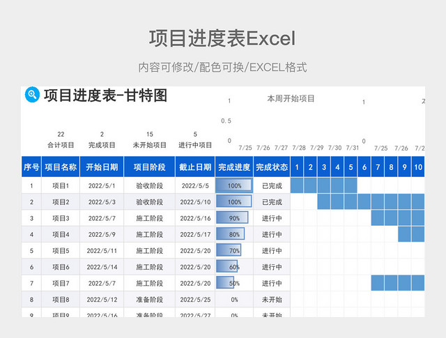 蓝色简约项目进度表