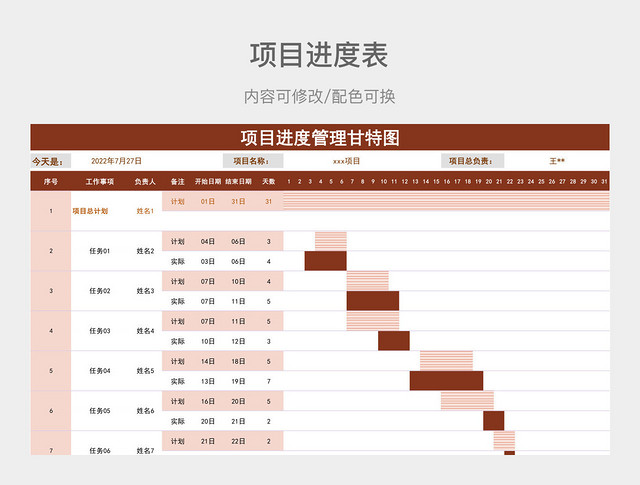 红色清新项目进度管理甘特图