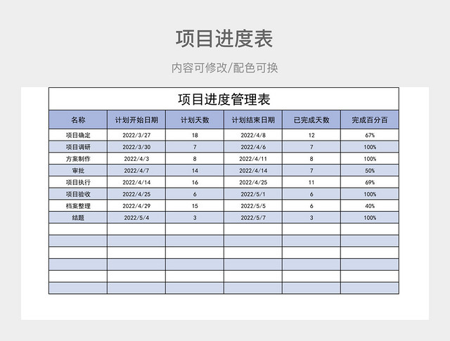 蓝色清新项目进度管理表