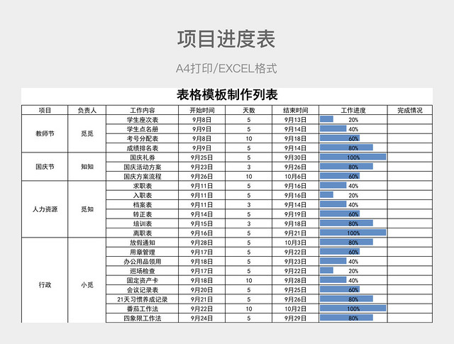 蓝色简约项目进度表