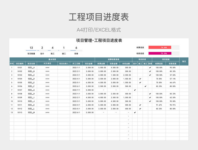 深蓝色简约工程项目进度表