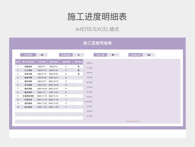 紫色简约施工进度明细表