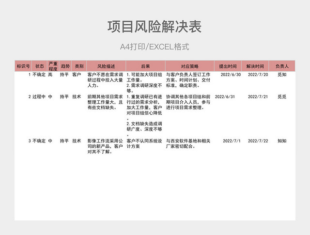 紫色简约项目风险解决表