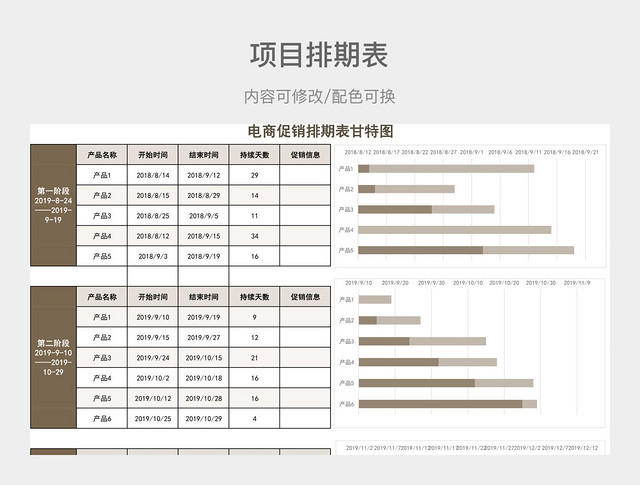 茶色清新电商促销排期表甘特图