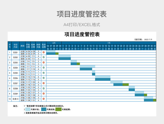 蓝色简约项目进度管控表