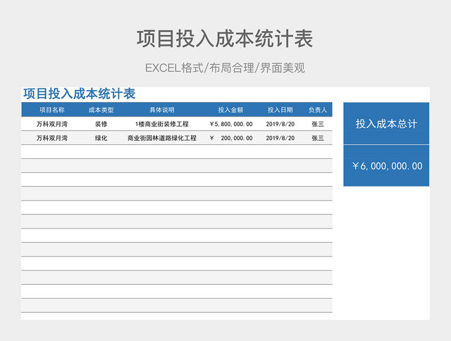 项目投入成本统计表