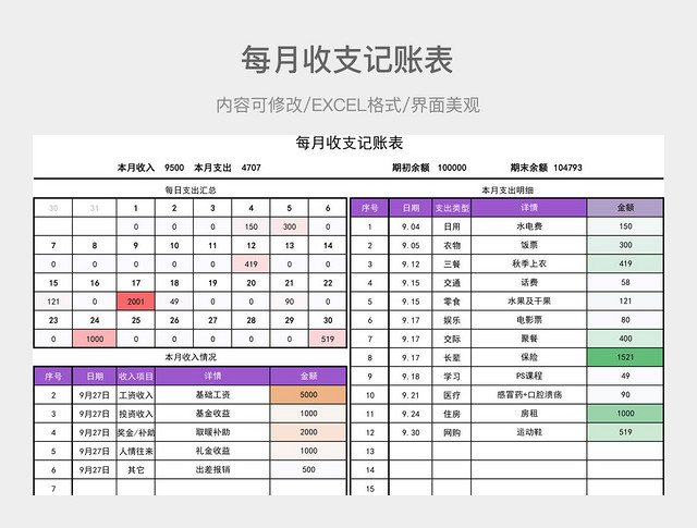 每月收支记账表