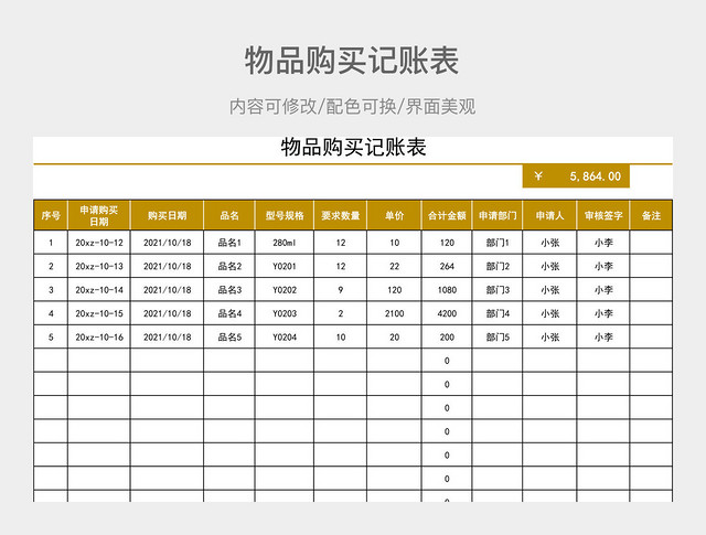 物品购买记账表