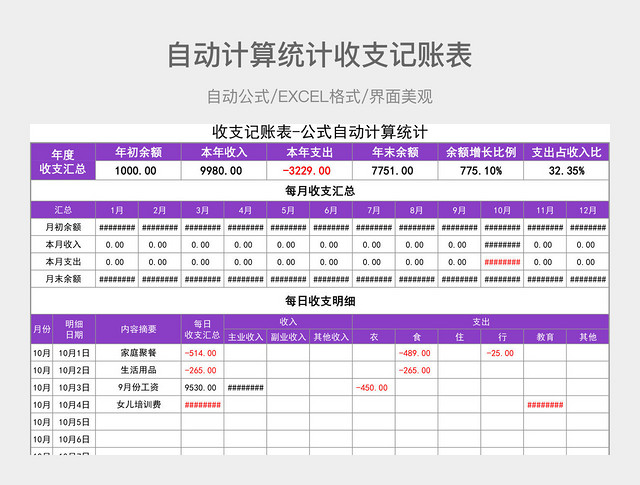 自动计算统计收支记账表