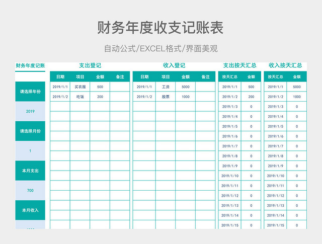 财务年度收支记账表