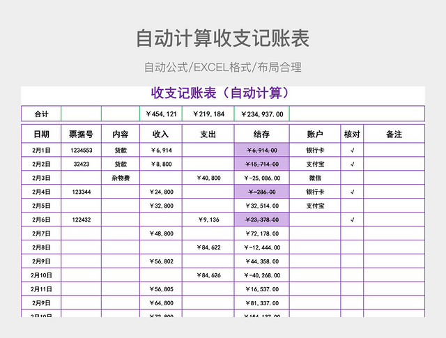 自动计算收支记账表