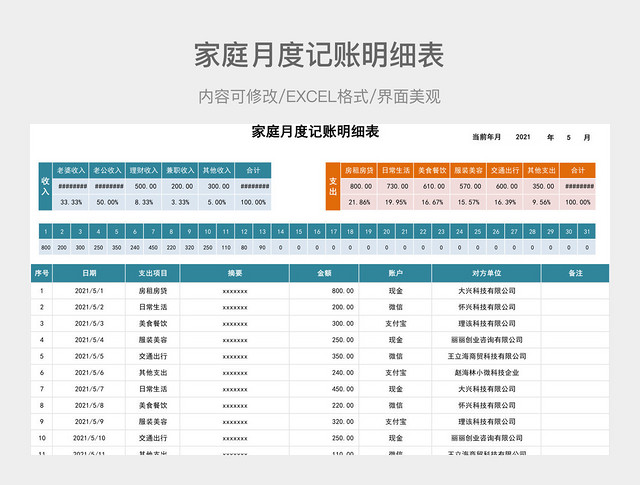 家庭月度记账明细表