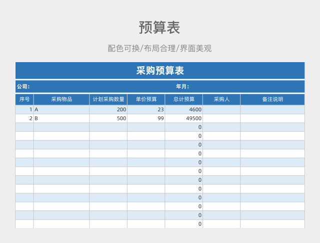 蓝色预算表