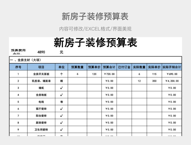 新房子装修预算表