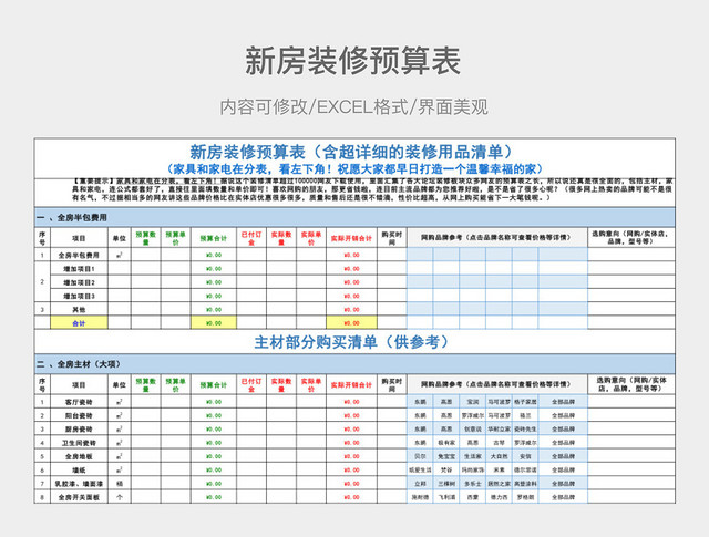 新房装修预算表