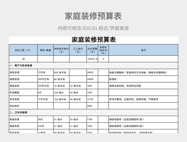 家庭装修预算表