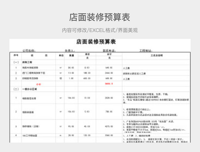 店面装修预算表