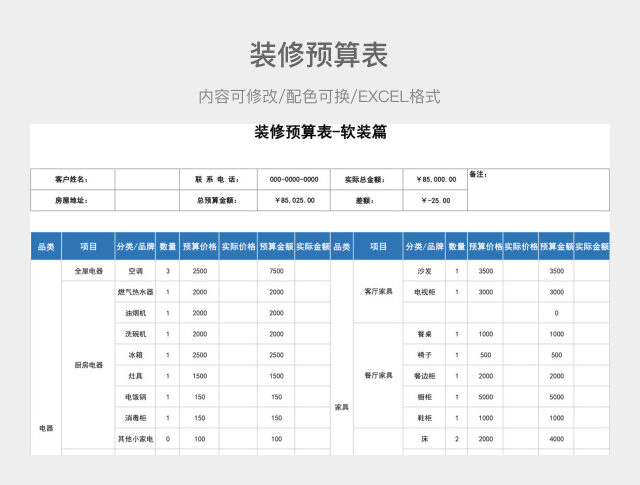 彩色简约装修预算表