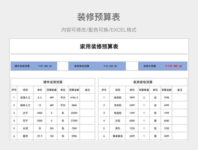 彩色简约装修预算表