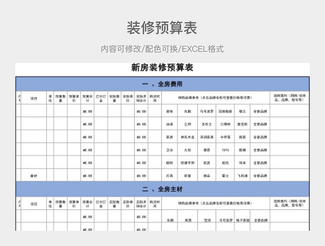 彩色简约装修预算表