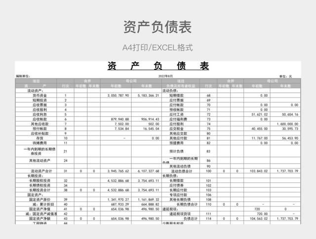 灰色简约资产负债表