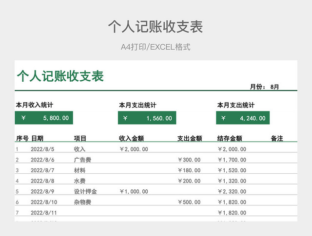 绿色简约个人记账收支表