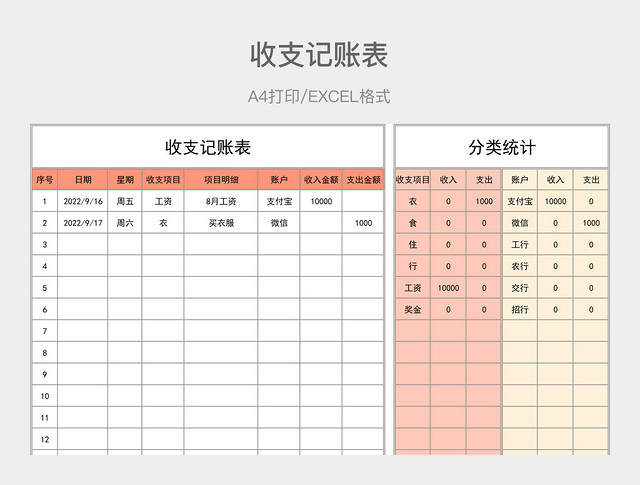 粉色简约收支记账表