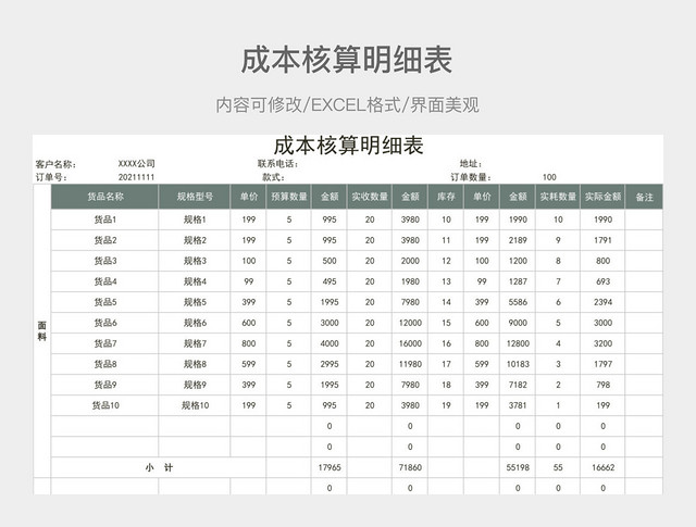 成本核算明细表