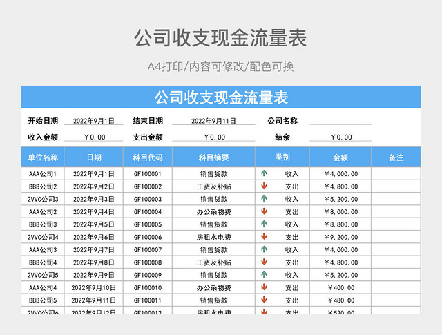 公司收支现金流量表