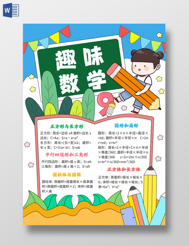 蓝色手绘风趣味数学五年级数学面积手抄报