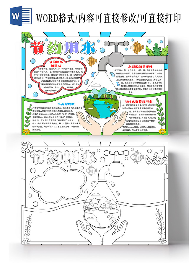 卡通手绘风格节约用水小报手抄报世界勤俭日