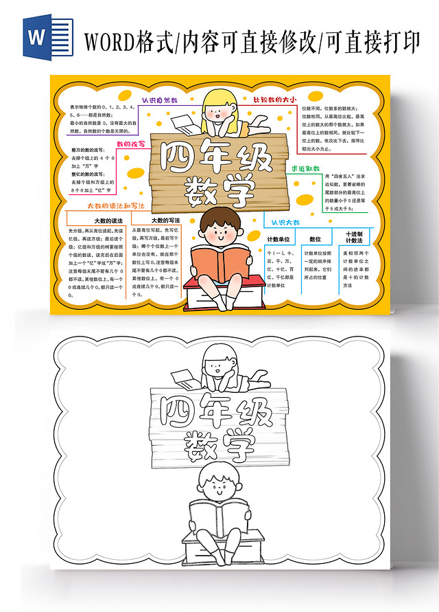 黄色手绘风格四年级数学思维图小报手抄报数学思维导图