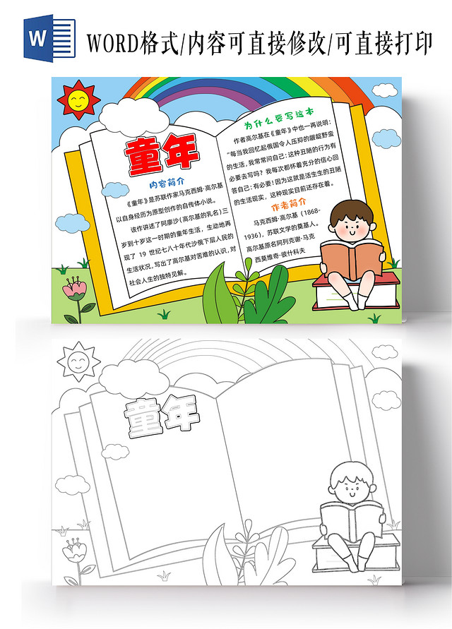 手绘卡通高尔基的童年手抄报读书