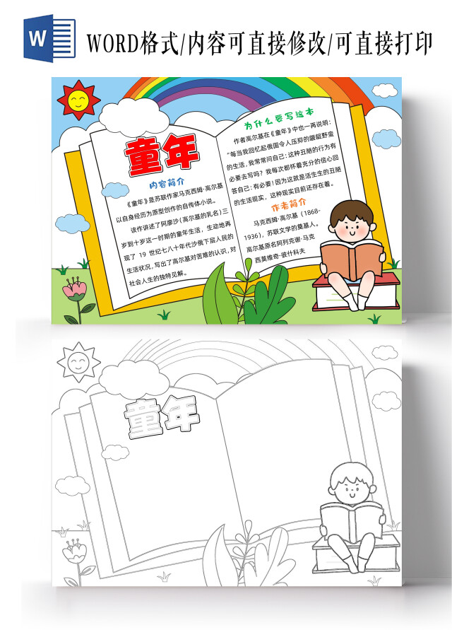 手绘卡通高尔基的童年手抄报读书